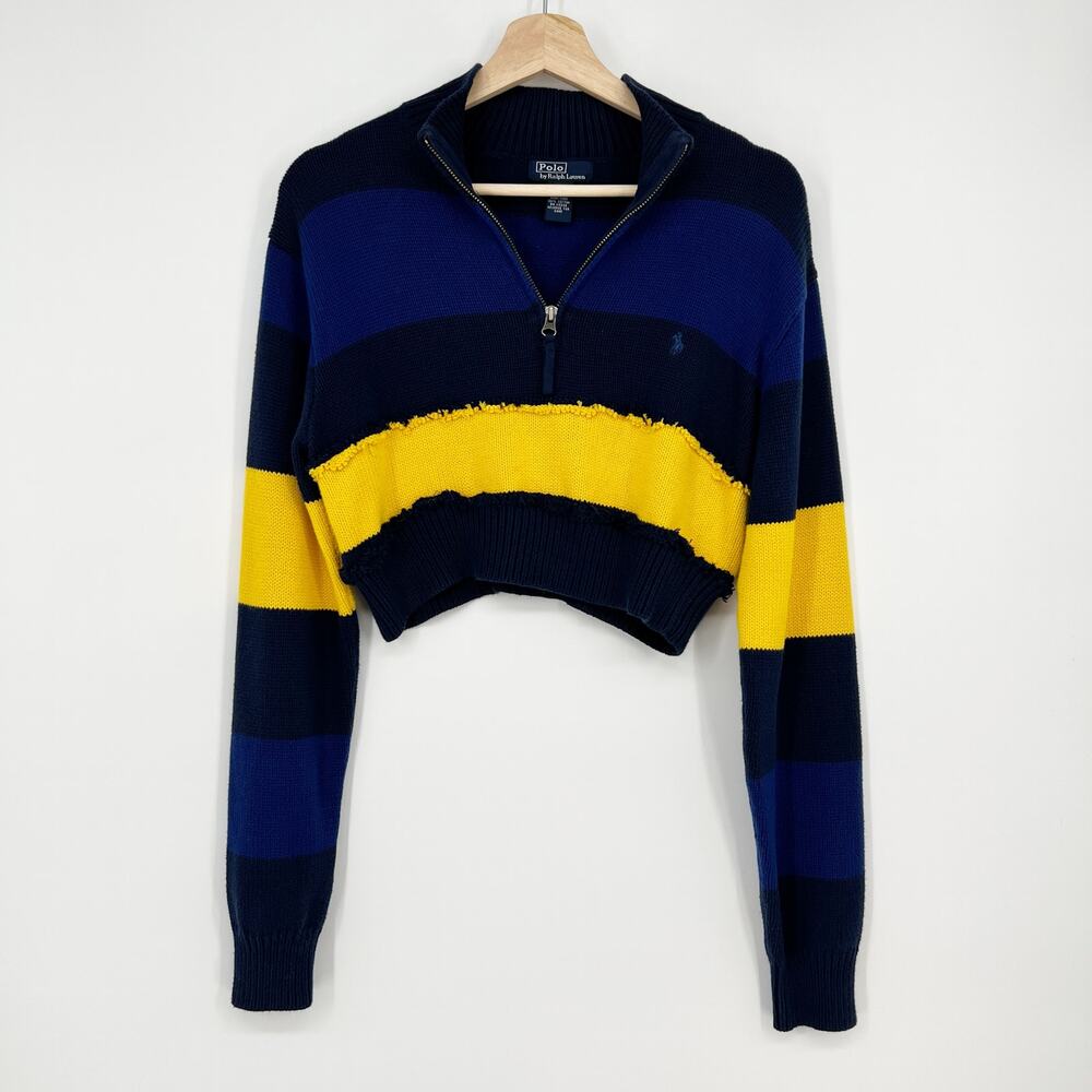 Vtg Upcycled Polo Ralph Lauren Cropped Sweater Womens M Blue Yellow 1/4 Zip READ